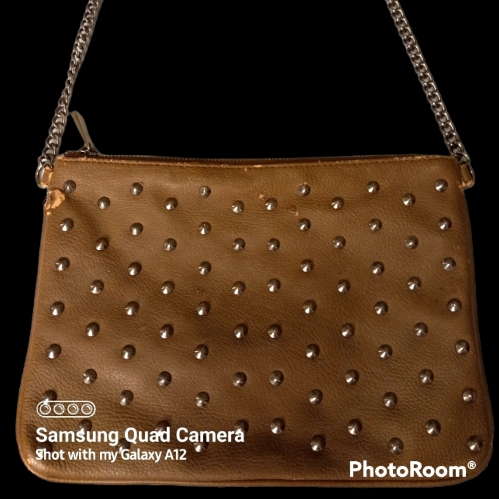 Express women's Purse Faux Leather tan Studded Messenger/Crossbody, Medium.